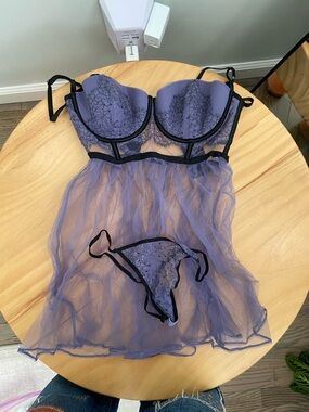 Victoria's Secret Lavender Lace & Black Trim Sheer Babydoll Set